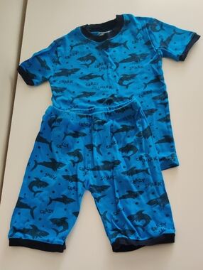 Crazy Shark Blue Kids Pajama Set with Short Sleeve Top and Shorts